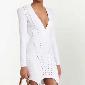 $4,600 Balmain White V-Neck Lace-Up Detail Knitted Mini Dress Long Sleeve XXS 32
